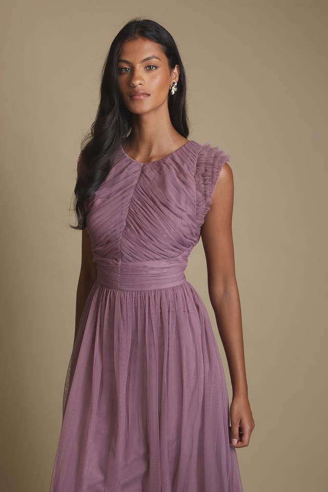 Oasis Oasis Women's Petite Pleat Bodice Ruffle Mesh Bridesmaid Midi Dress in Mauve - 2