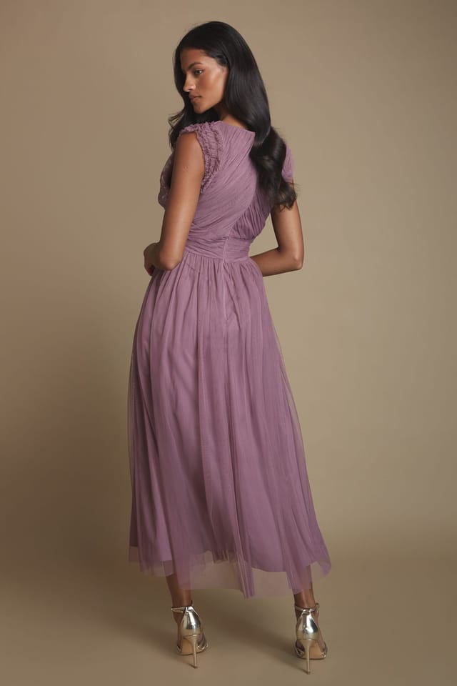 Oasis Oasis Women's Petite Pleat Bodice Ruffle Mesh Bridesmaid Midi Dress in Mauve - 3