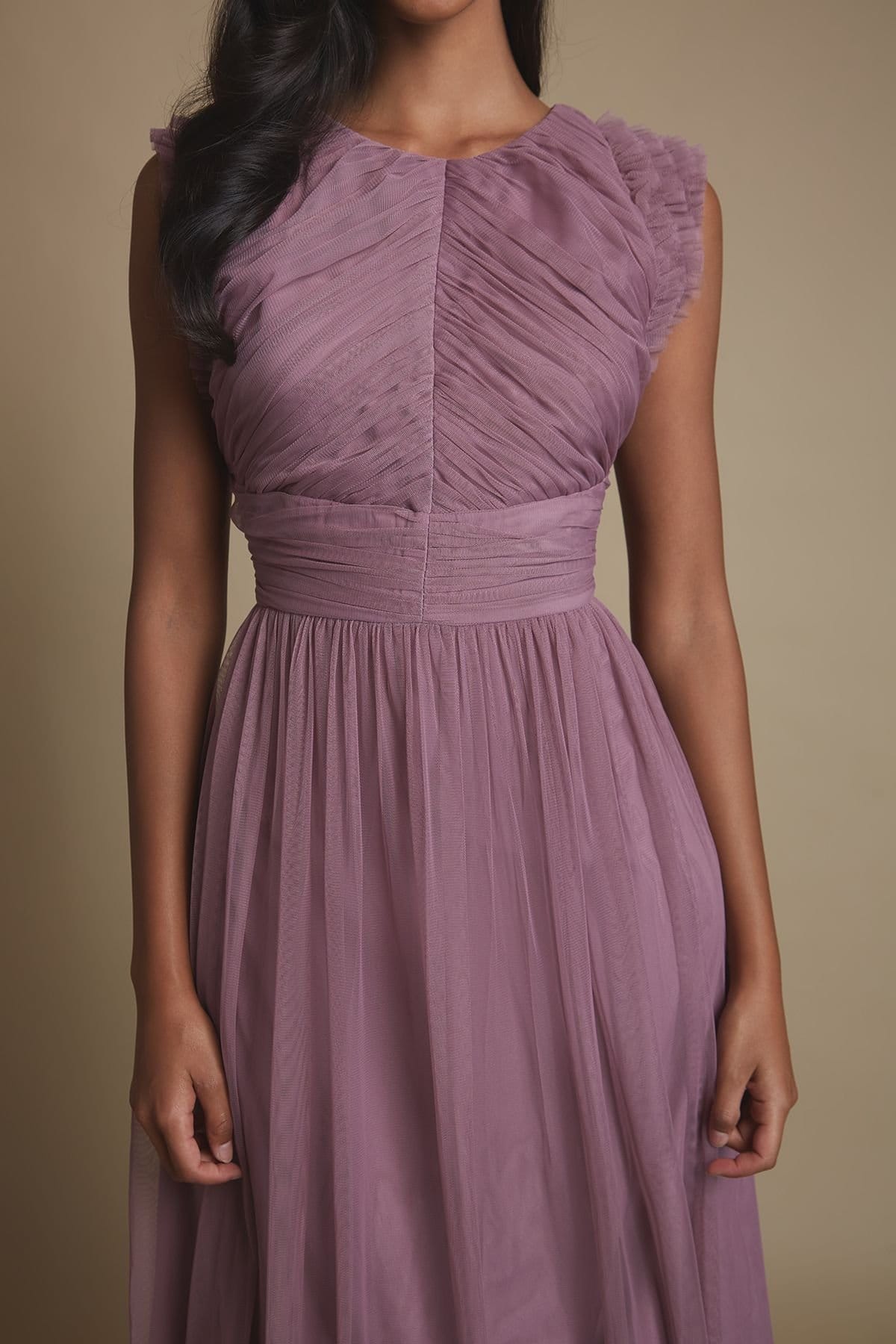 Oasis Oasis Women's Petite Pleat Bodice Ruffle Mesh Bridesmaid Midi Dress in Mauve - 4