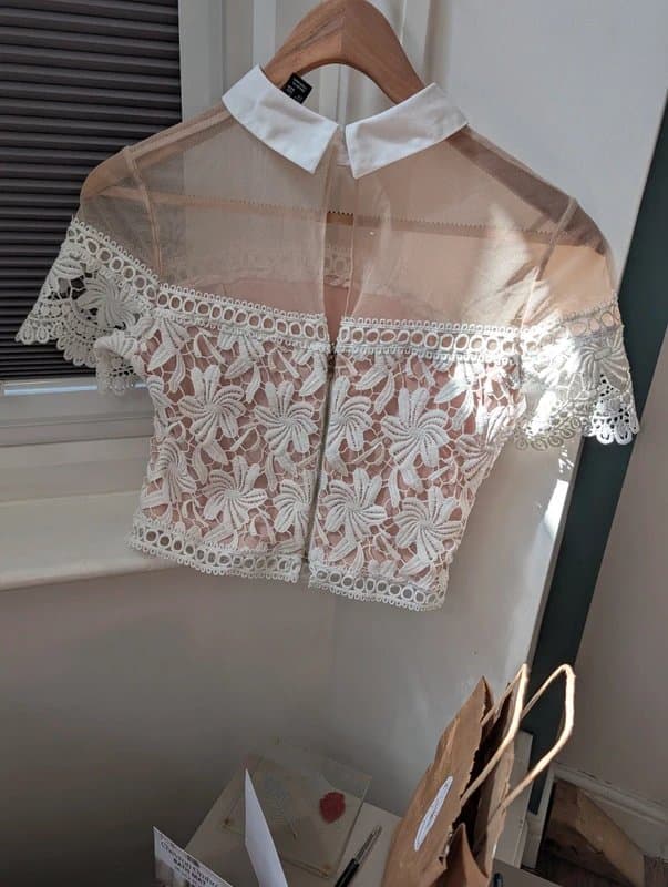 New Look Sheer nude under white lace size 8 top