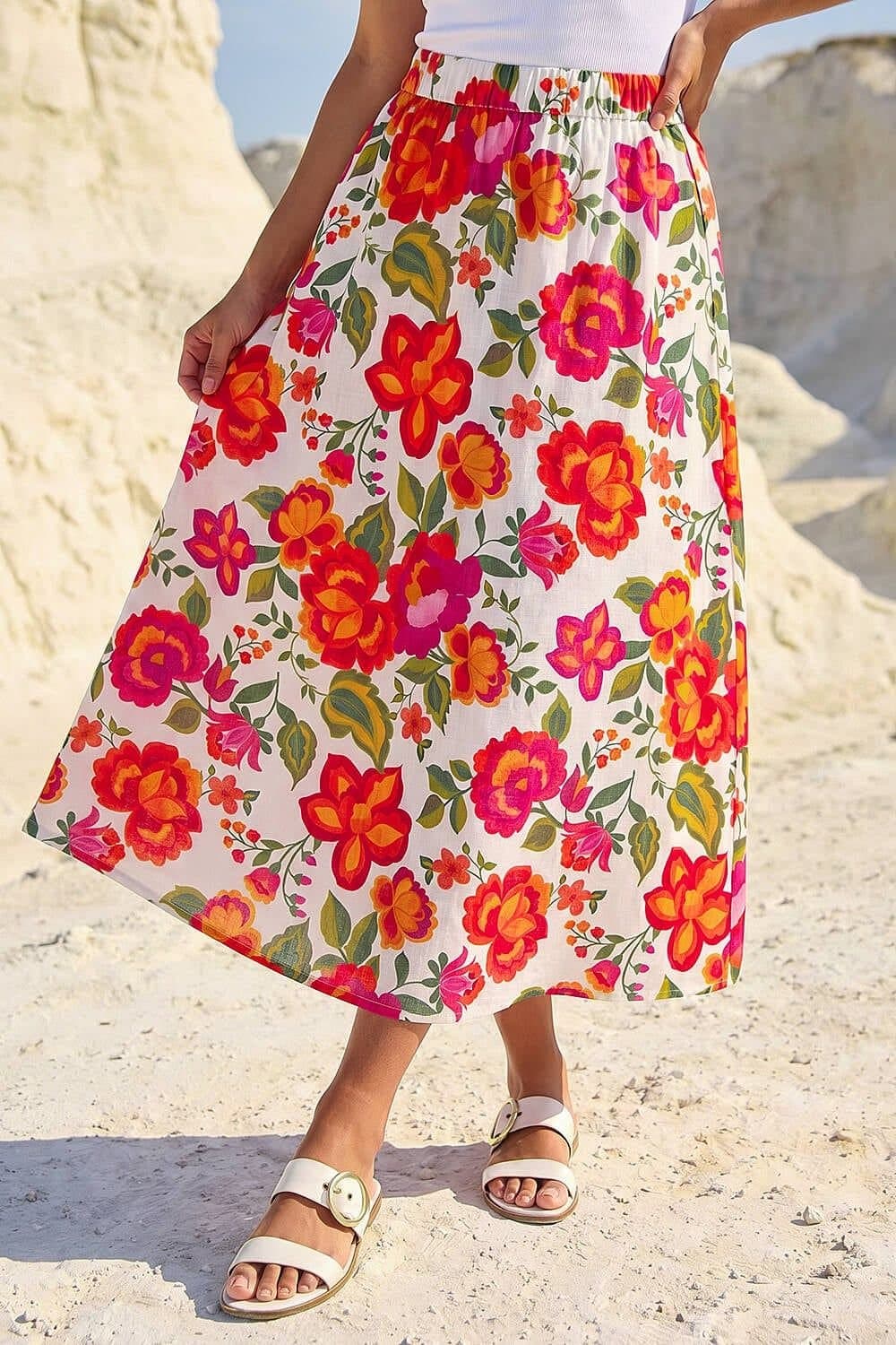 Dusk Dusk Orange Floral Print A-Line Midi Skirt