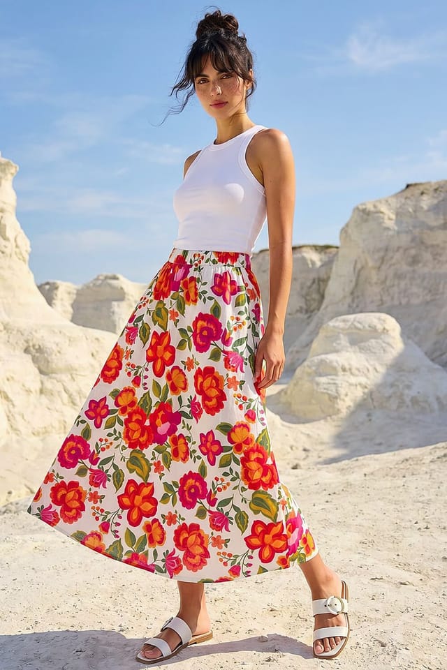 Dusk Dusk Women's Floral Print A-Line Midi Skirt in Orange - 2