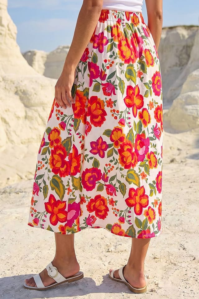 Dusk Dusk Women's Floral Print A-Line Midi Skirt in Orange - 3