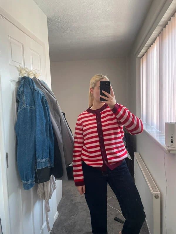 ASOS ASOS design knitted red and pink stripe cardigan