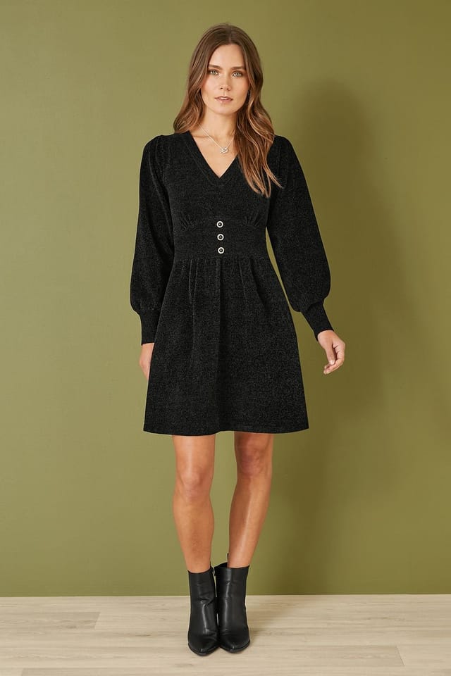 Yumi Yumi Women's Black V Neck Empire Line Knitted Skater Dress - 3