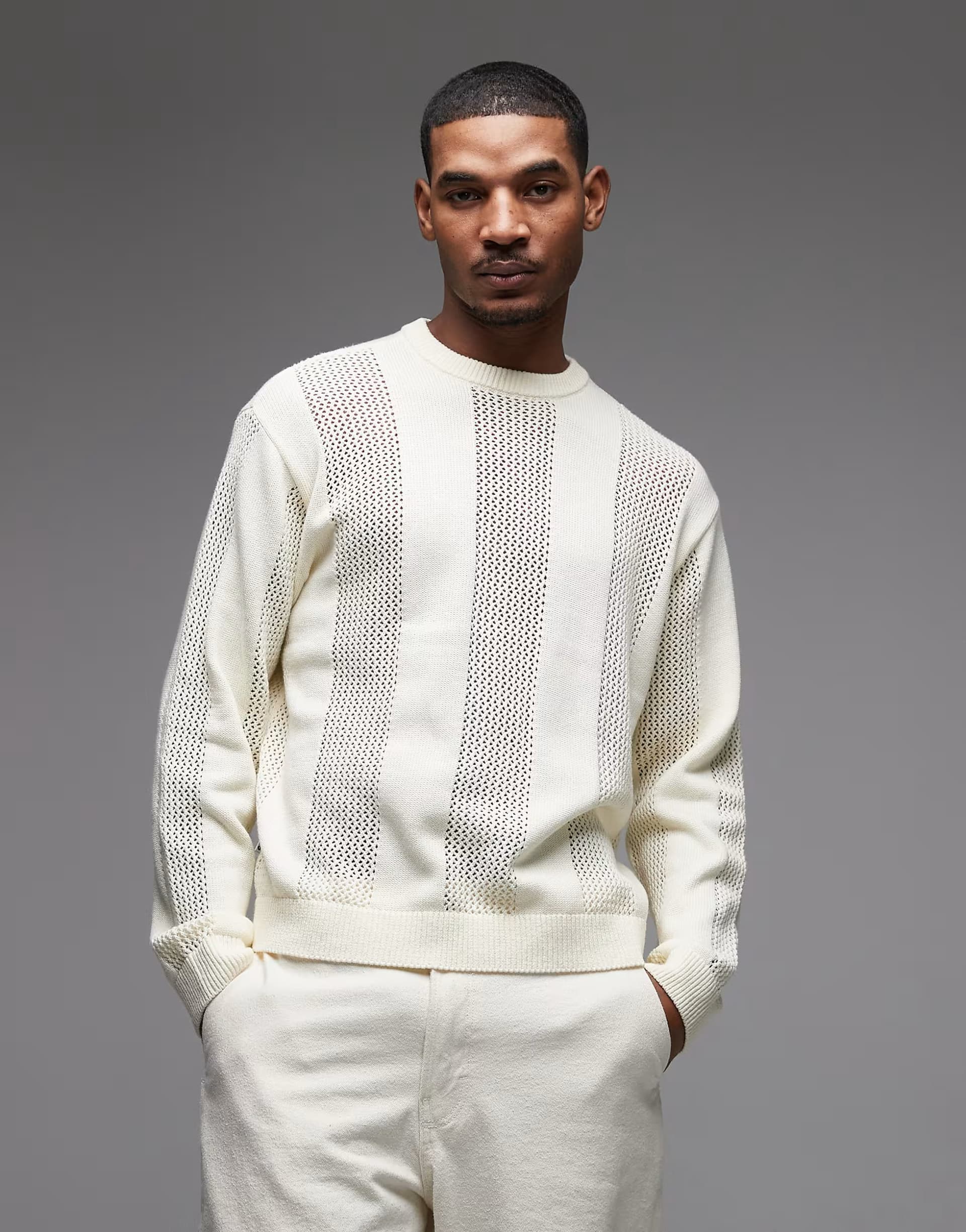 ASOS Obey crochet knitted crew neck jumper in natural beige