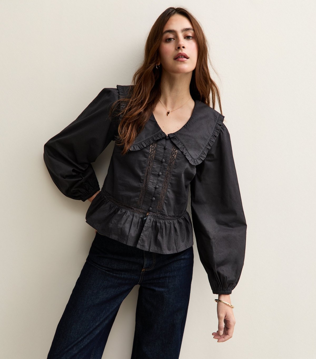 New Look Women's Black Lace Insert Oversized Collar Shirt New Look - 2