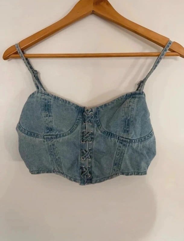 Bershka Bershka Denim Lace-Up Corset Crop Top - Size S - Light Wash - 1