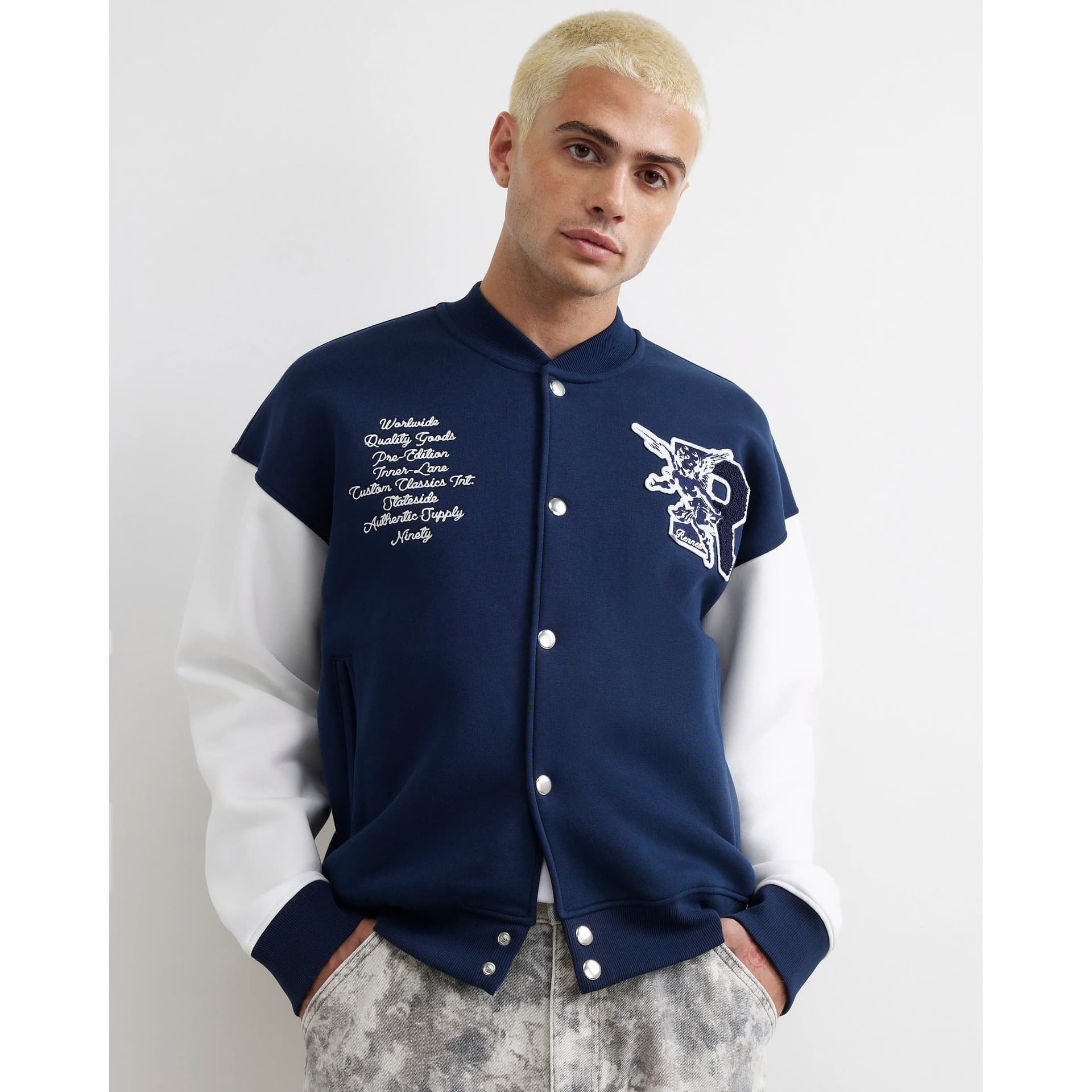 River Island Mens River Island Navy Rennes Varsity Bomber Jacket