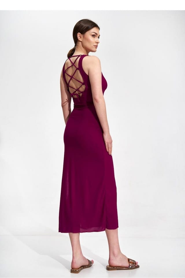Love Lace Love Lace Women's Fitted Stretch Midi Dress with Tie Back in Plum - 2