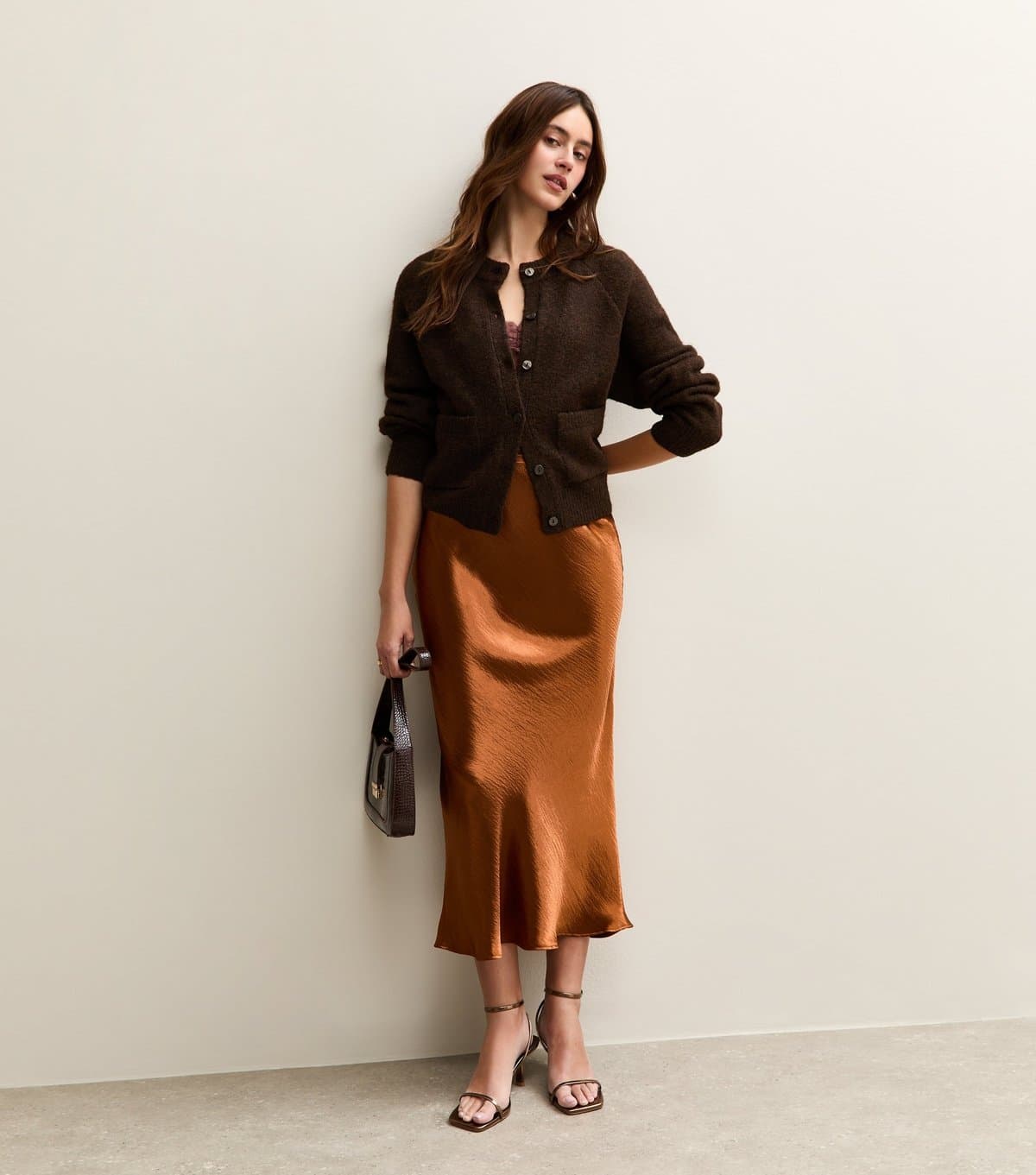 New Look Women's Burnt Orange Satin Midi Skirt New Look
