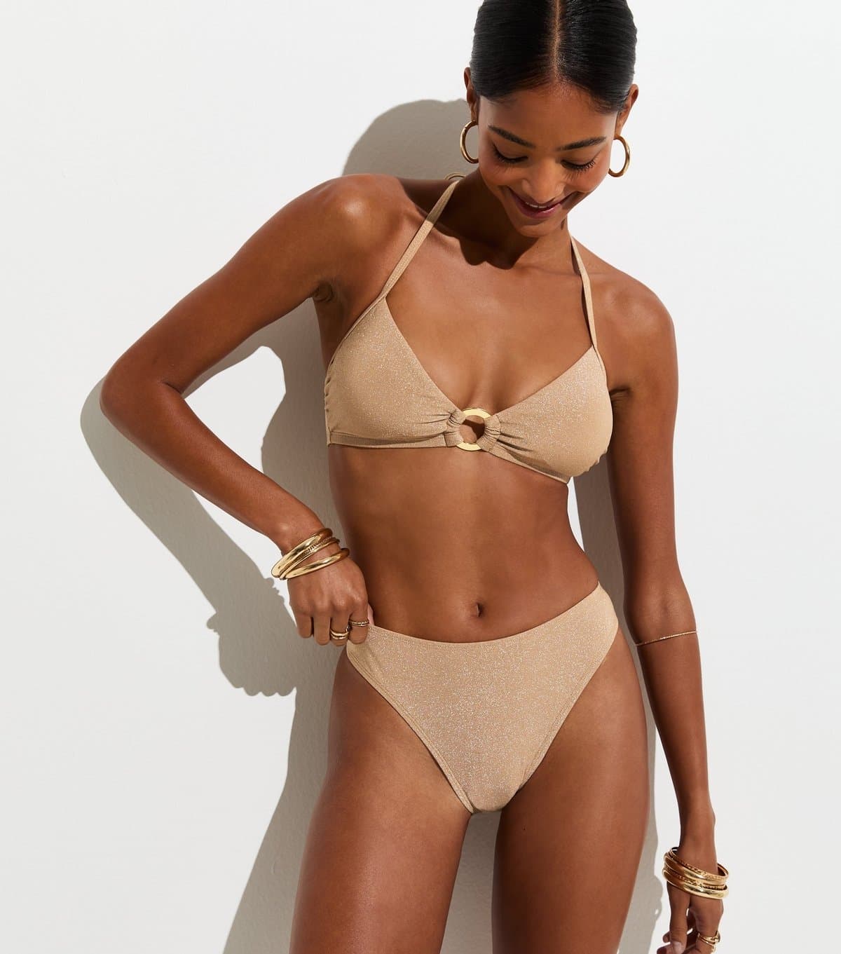 New Look New Look Gold Shimmer High Leg Hipster Bikini Bottoms