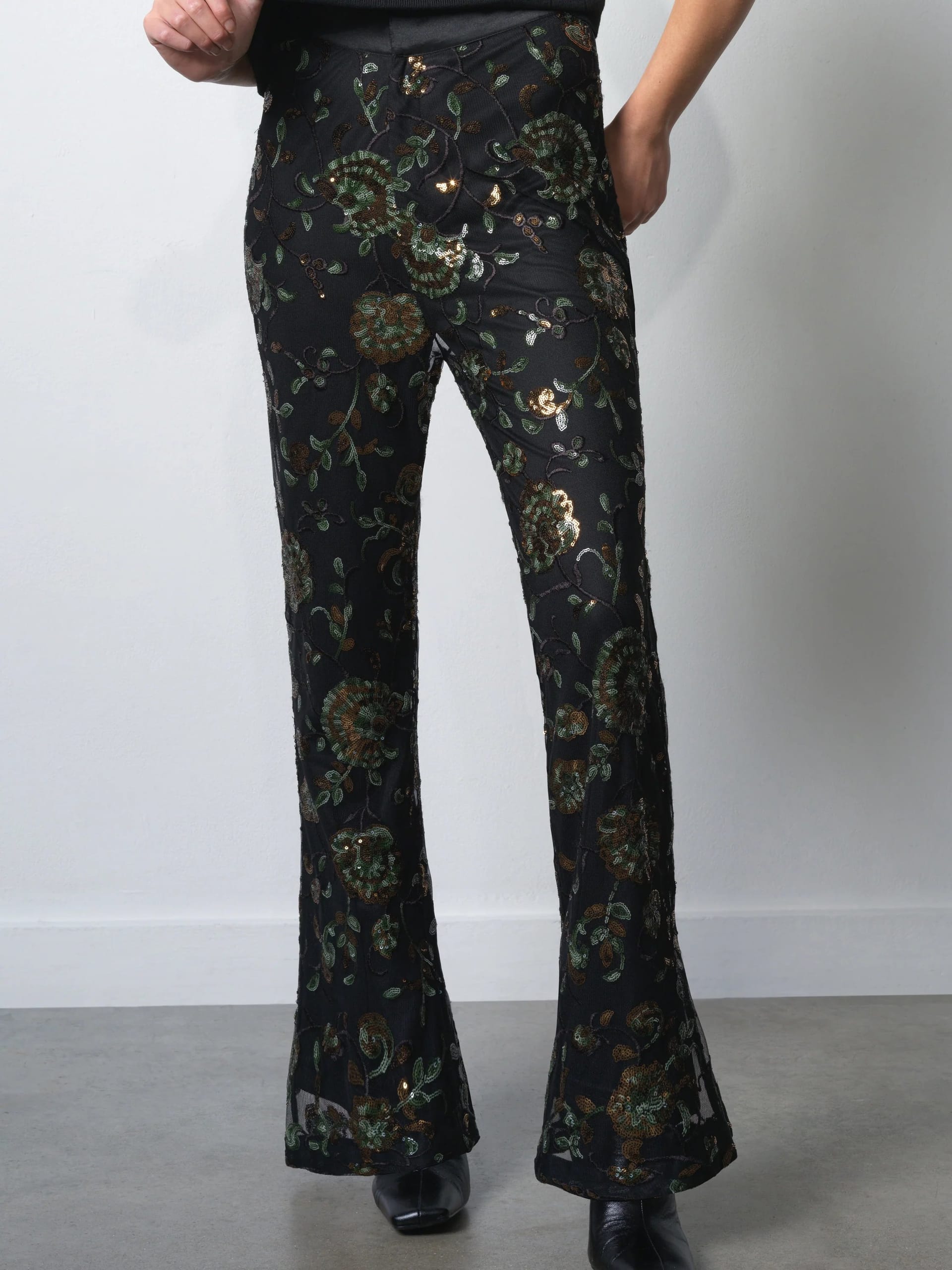 French Connection Black Sequin Floral Flare Trousers