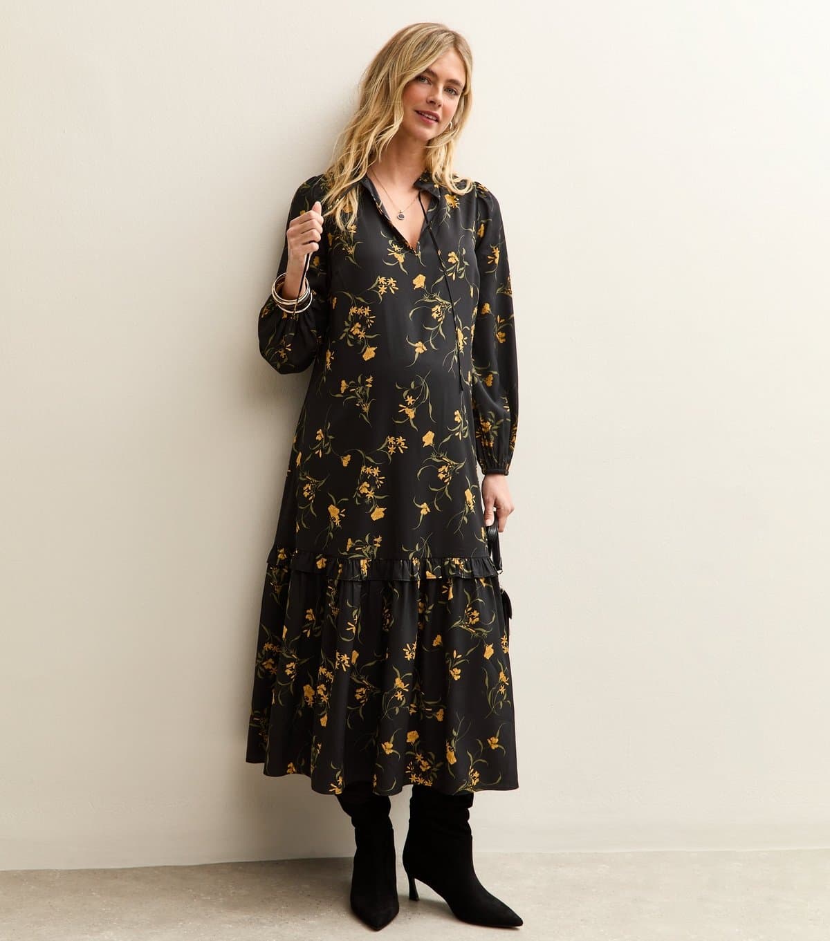 New Look Women's Maternity Black Botanical Crepe Smock Midi Dress New Look