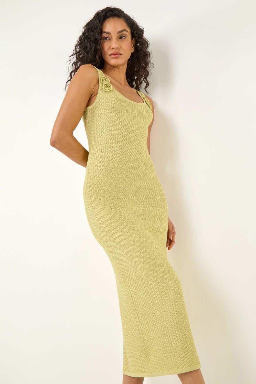Dusk Dusk Women's Flower Embroidered Knit Midi Dress in Lime