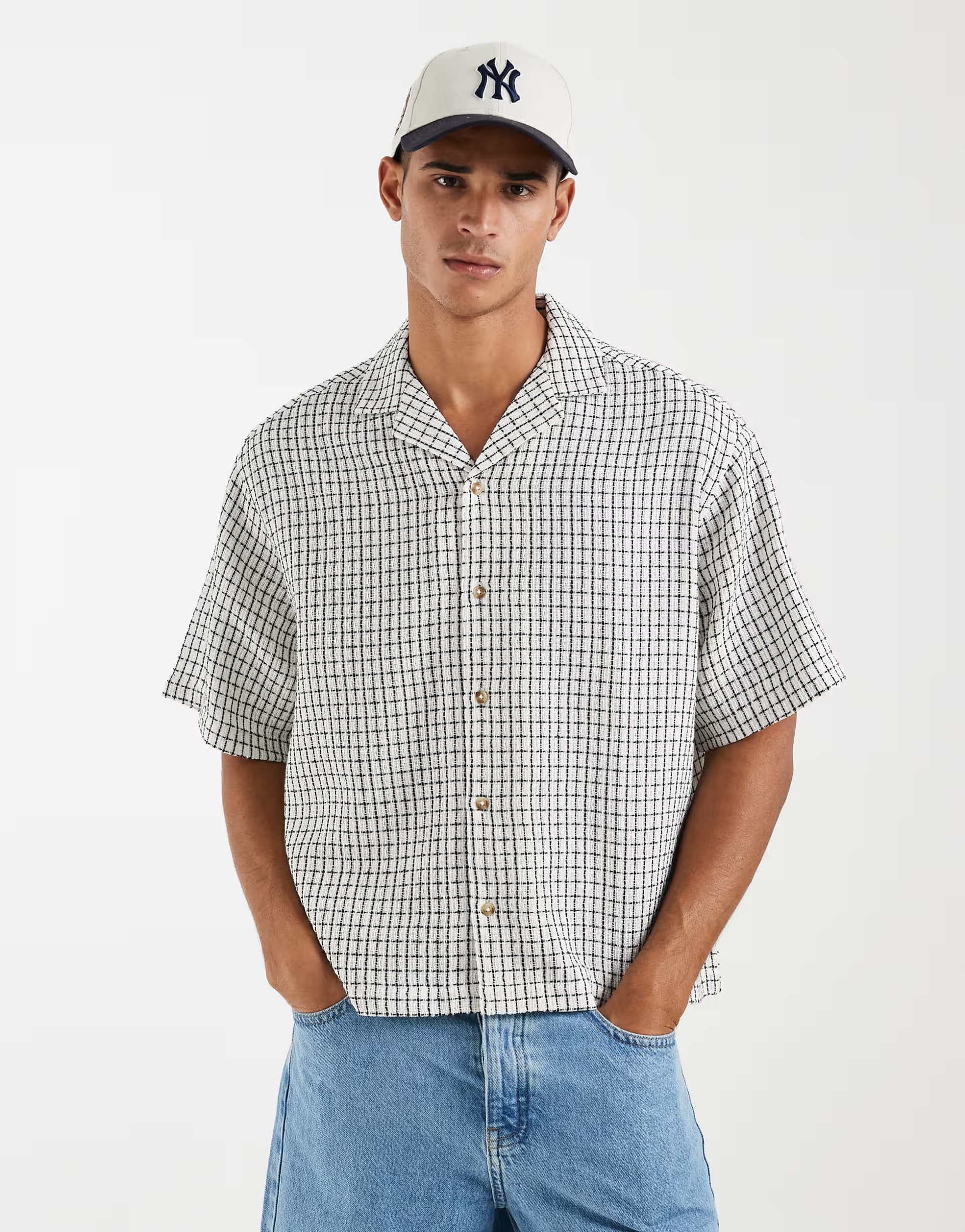 ASOS ASOS DESIGN boxy oversized revere textured shirt in black and white check