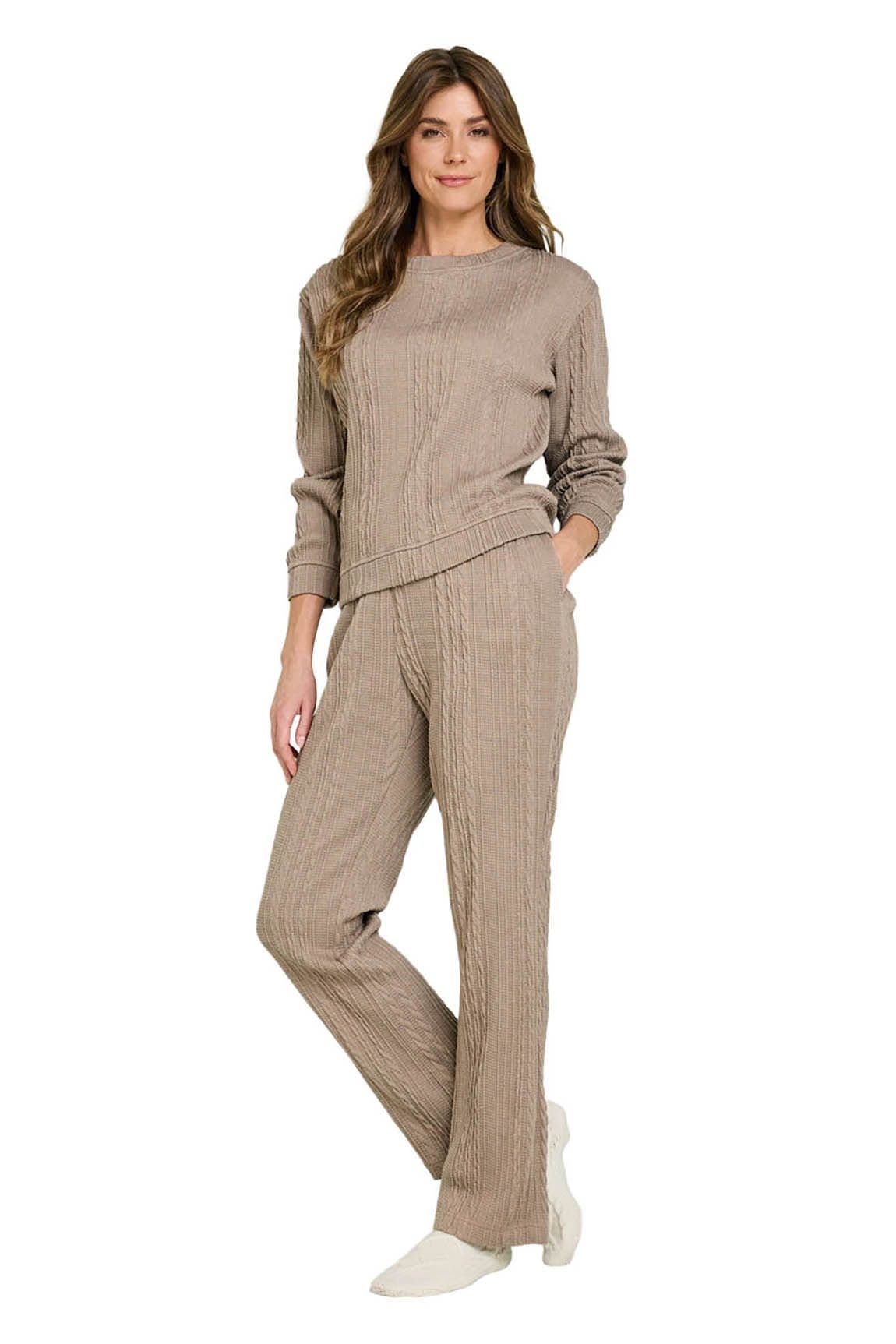 Amber Light Brown Cable Jersey Lounge Suit for Women