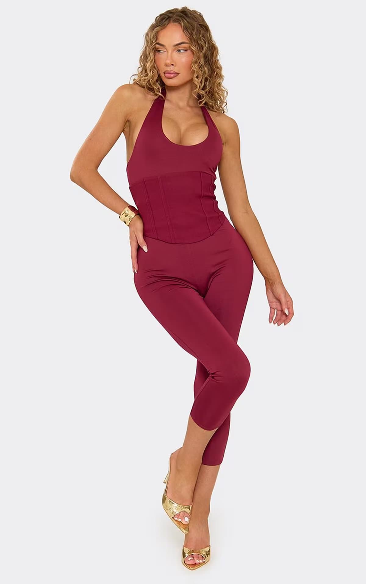 EGO Halterneck Plunge Front Corset Detail Capri Jumpsuit In Burgundy, Women's Size UK 6