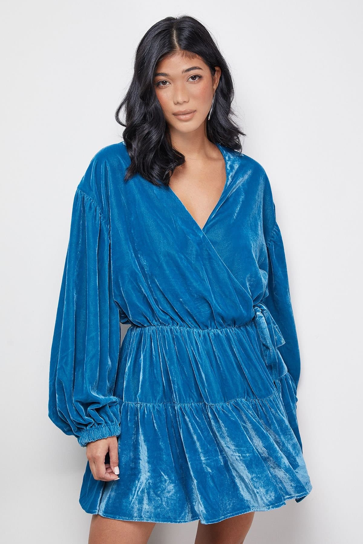 Warehouse Warehouse Women's Velvet Wrap Mini Smock Dress in Teal