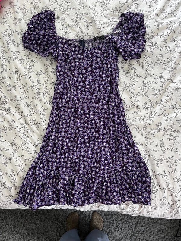 Bershka Purple Floral Print Square Neckline Dress