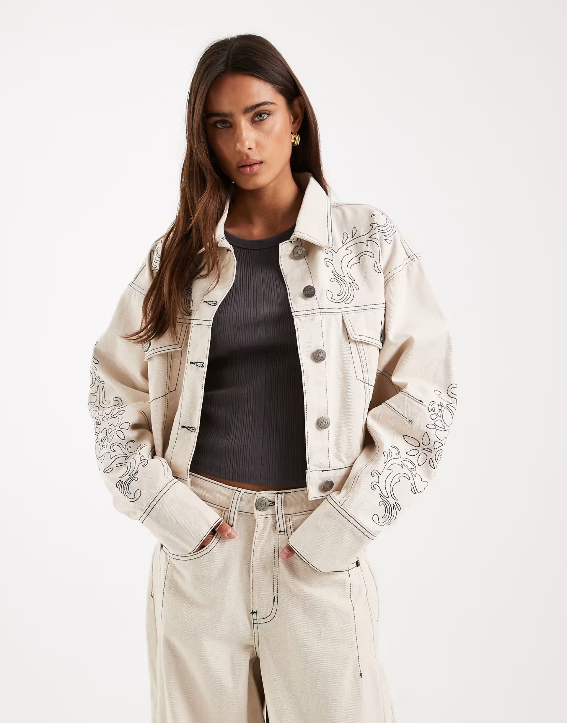 ASOS Daisy Street volume sleeve curved hem denim jacket with embroidery in cream co-ord