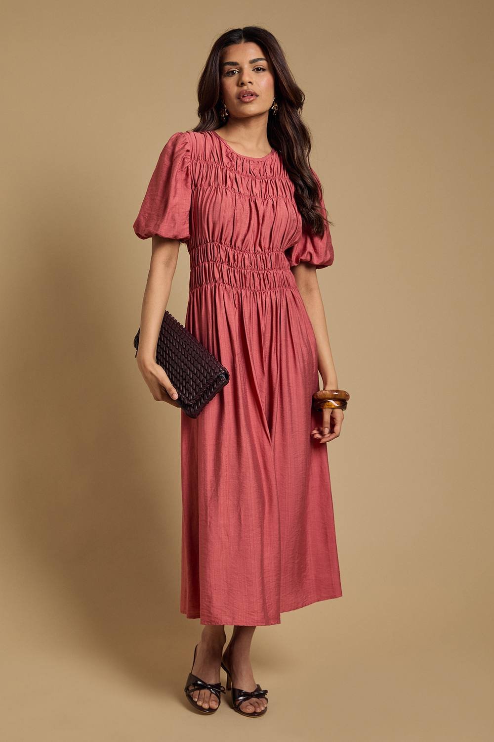 Oasis Oasis Women's Petite Shirred Bodice Puff Sleeve Midi Dress in Brick - 2