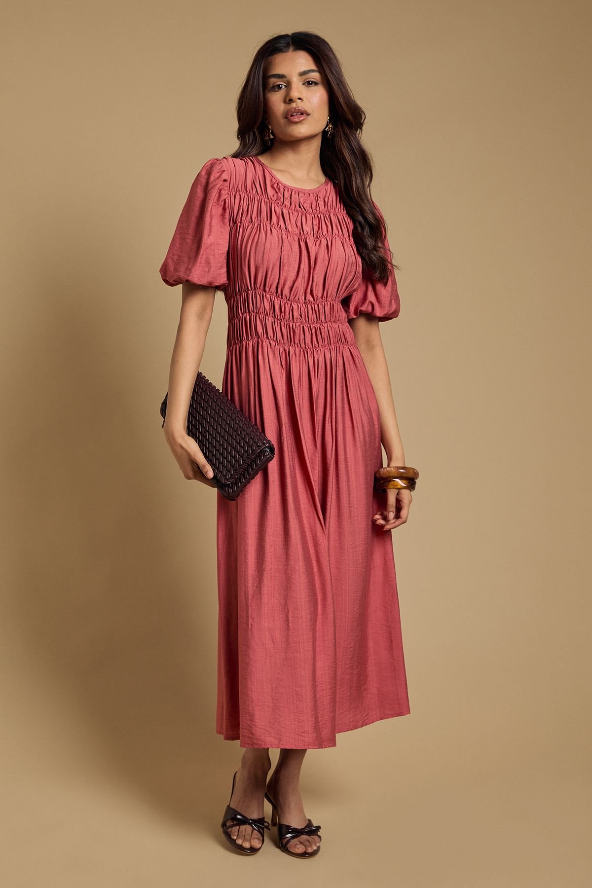 Oasis Oasis Women's Petite Shirred Bodice Puff Sleeve Midi Dress in Brick - 4