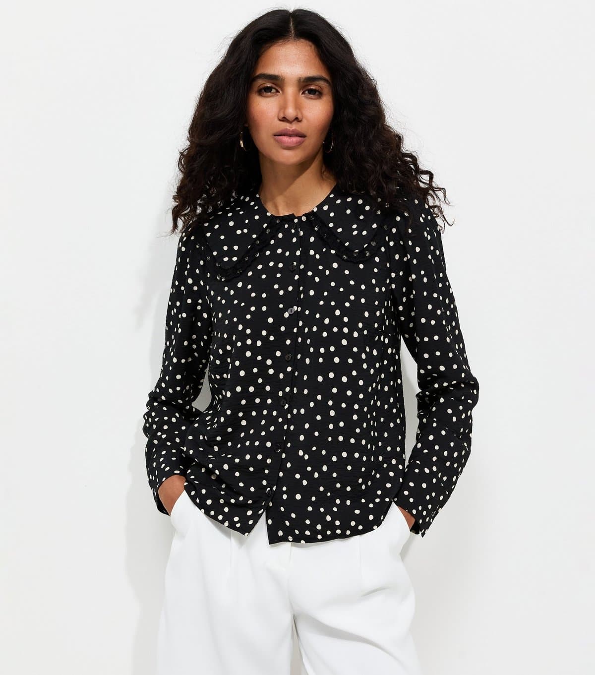 New Look Women's Black Spot Print Lace Collar Shirt New Look