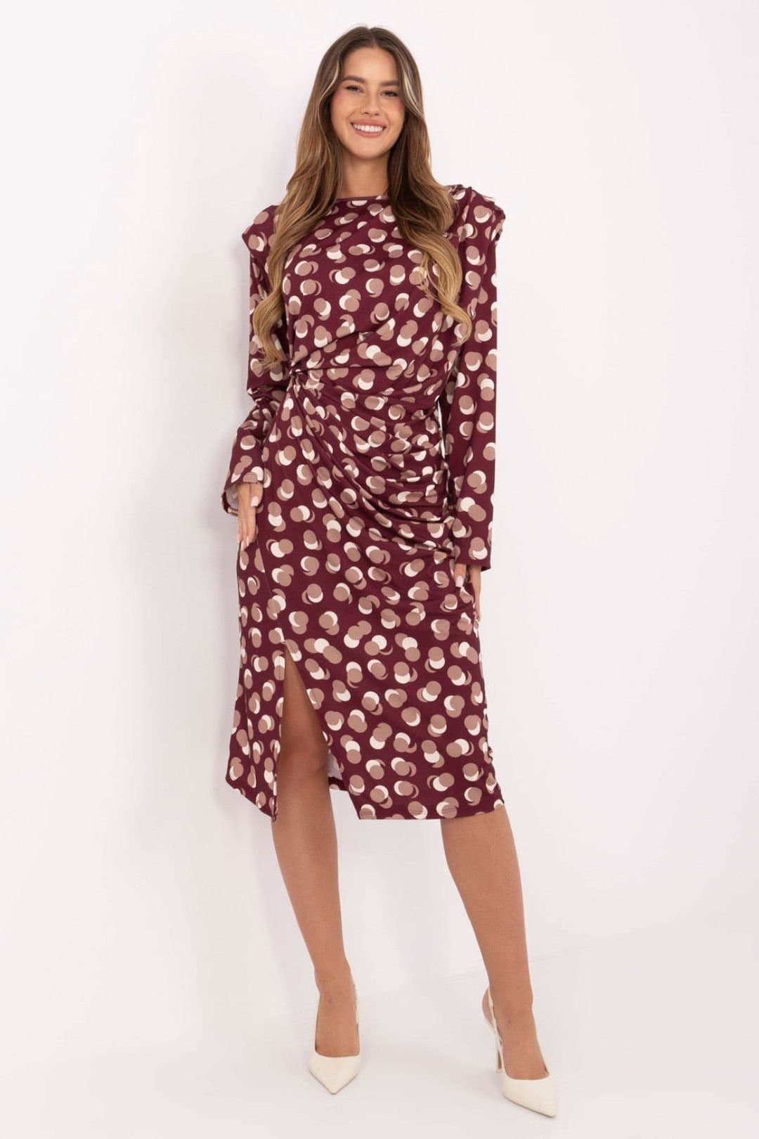 Love Lace Love Lace Women's Geometric Draped Midi Dress with Shoulder Pads in Red