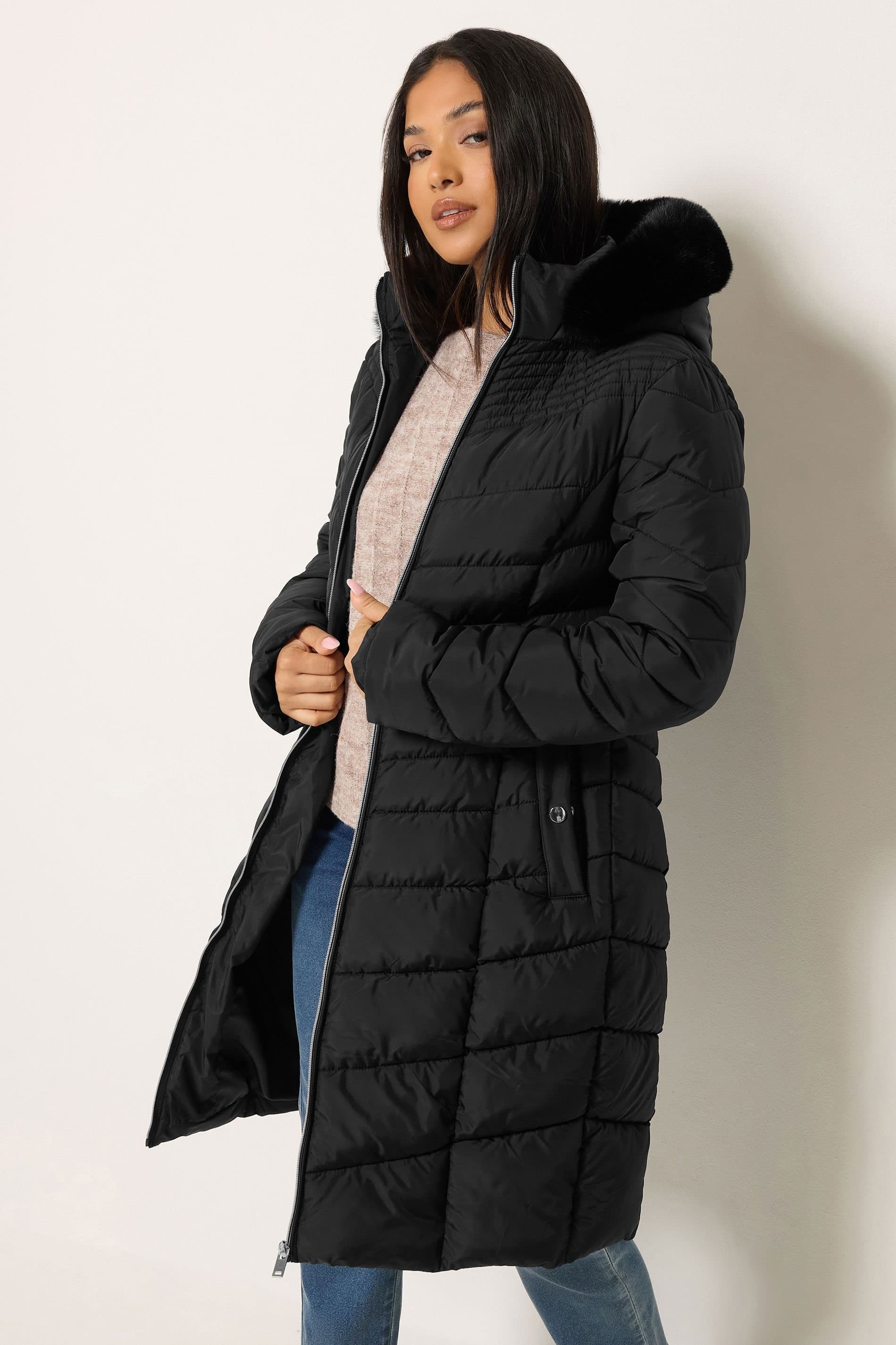 M&Co M&Co Women's Faux Fur Trim Padded Coat in Black