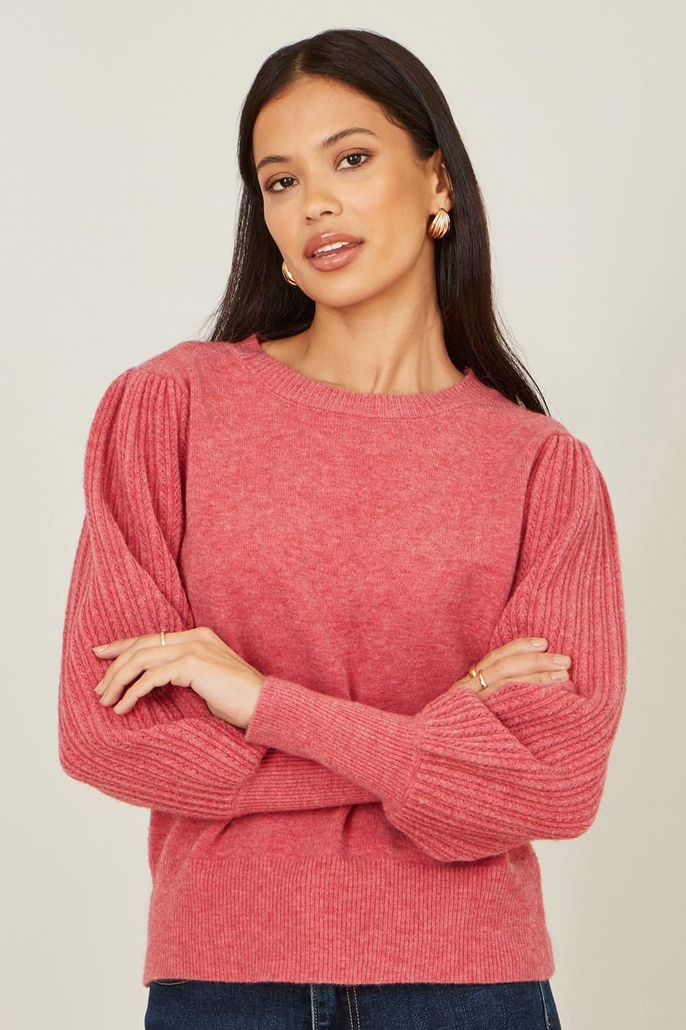 Yumi Yumi Women's Pink Knitted Balloon Sleeve Jumper