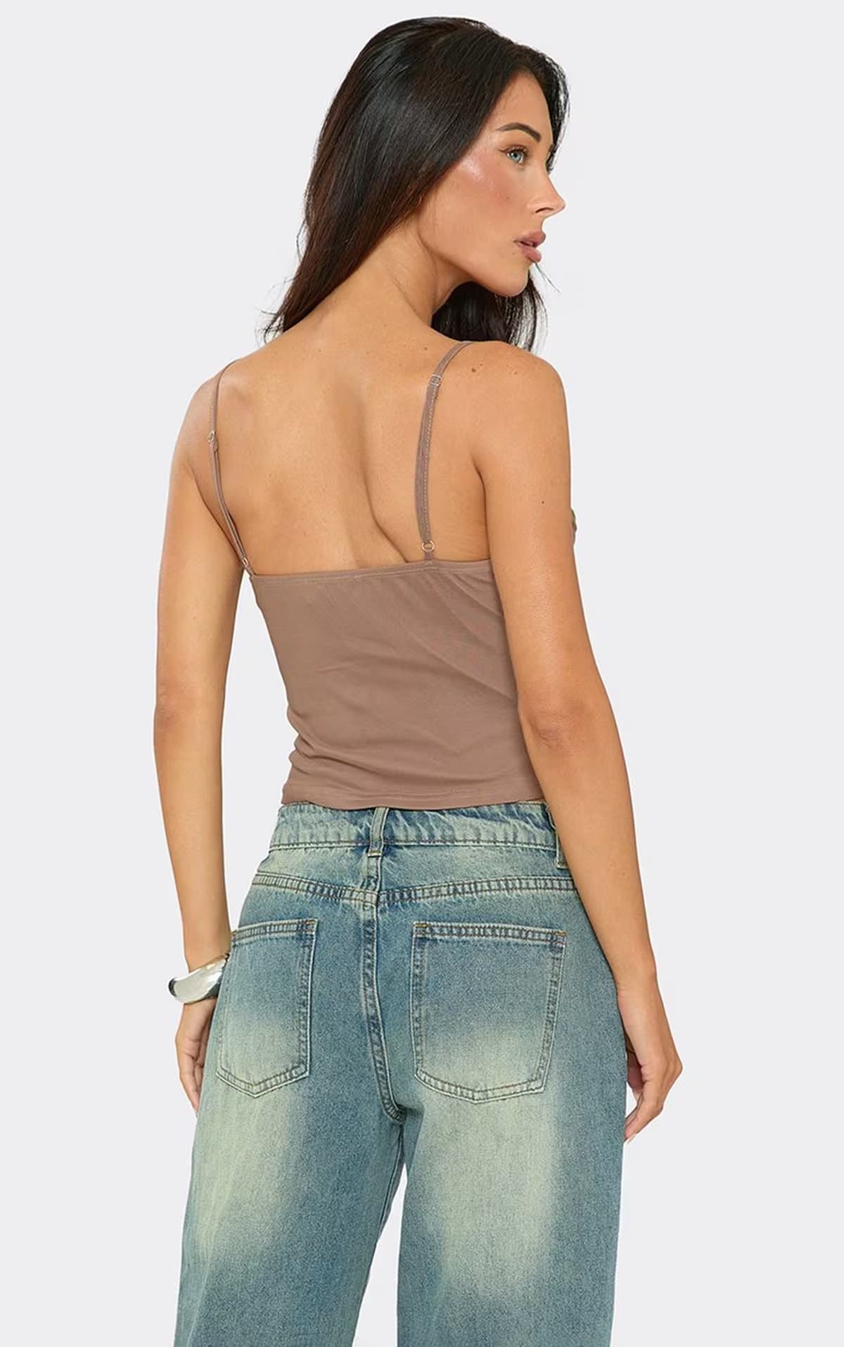 EGO Strappy Ruched Bust Pointed Hem Corset Top In Mocha Mesh, Women's Size UK 6