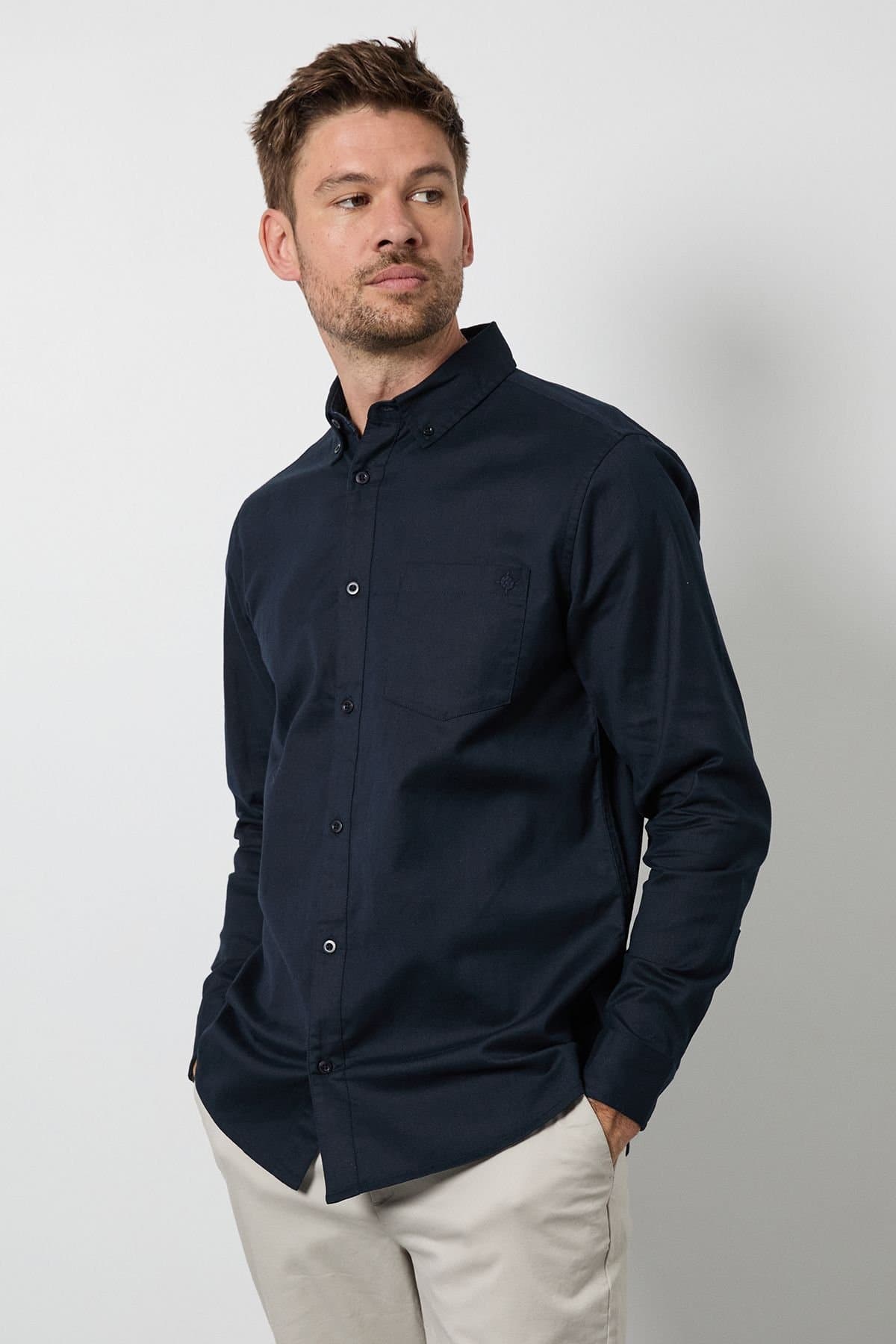 Maine Maine Men's Navy Long Sleeve Linen Blend Shirt