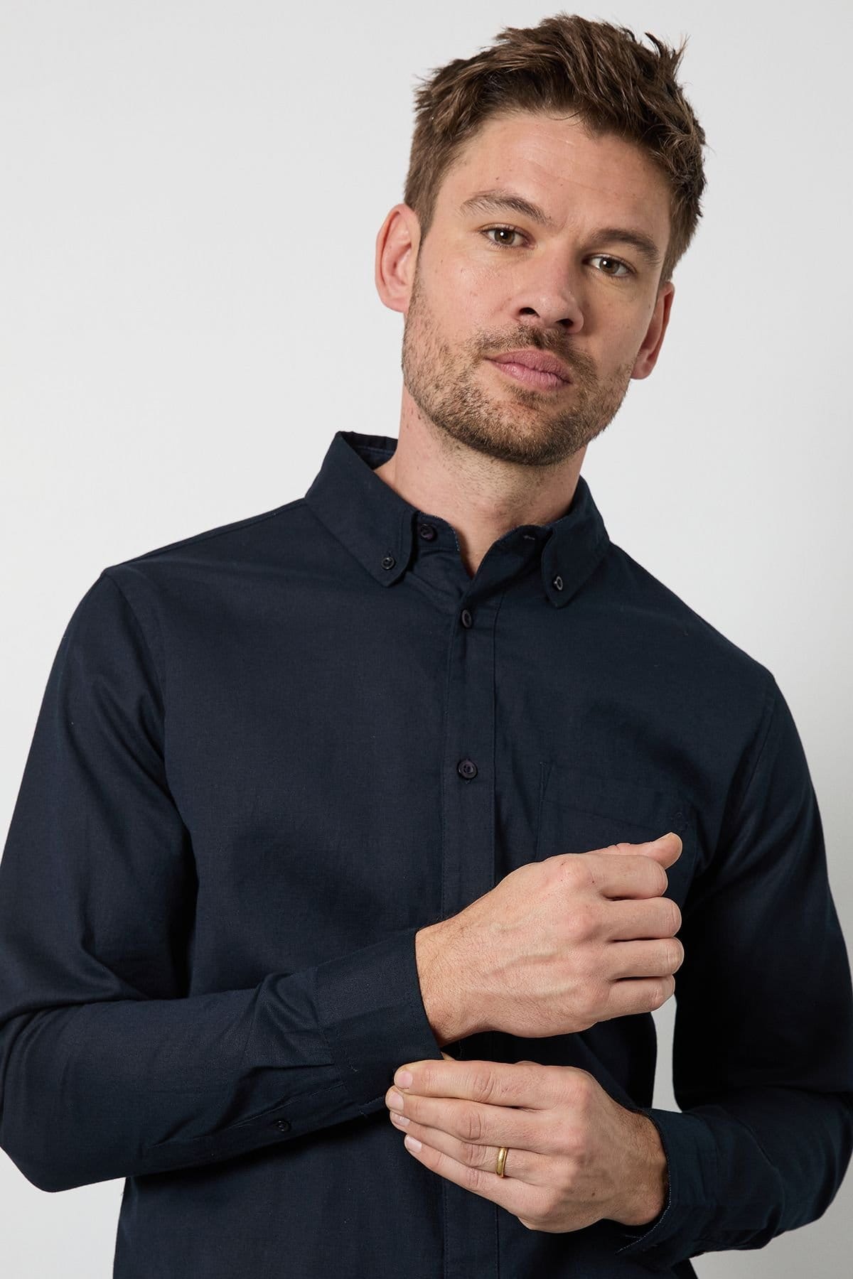 Maine Maine Men's Navy Long Sleeve Linen Blend Shirt - 4