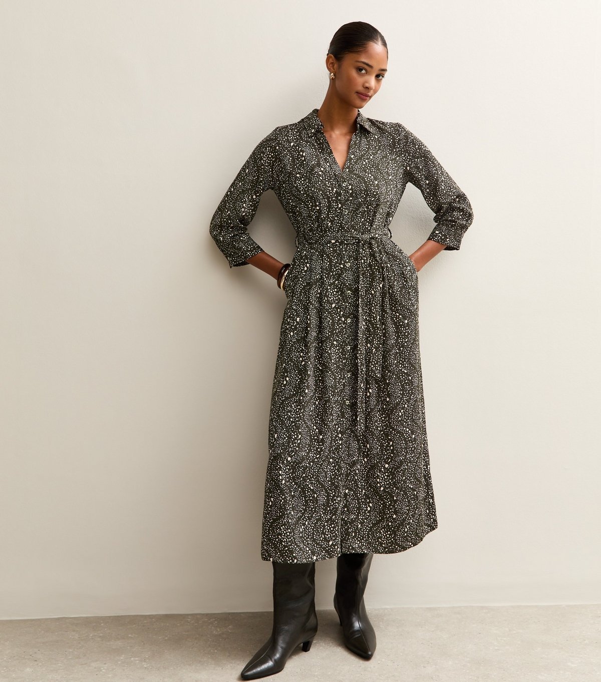 New Look Women's Green Patterned Belted Shirt Dress New Look - 3