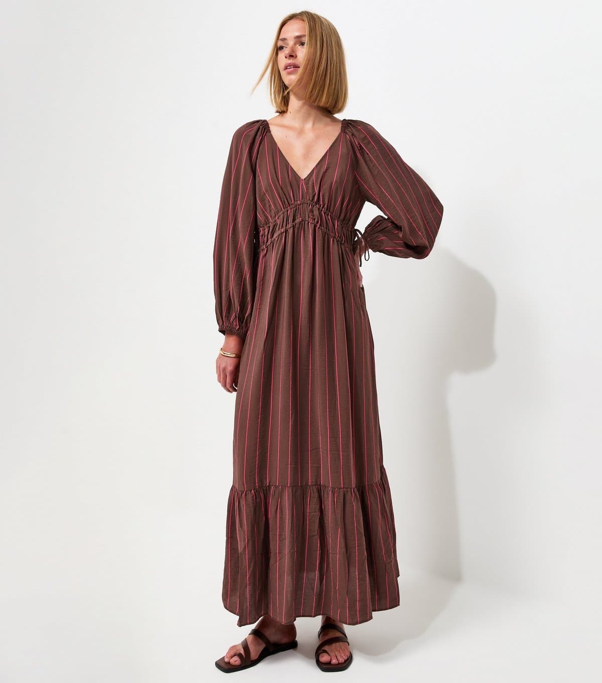 New Look Women's Brown Striped Long Sleeve Smock Midi Dress New Look