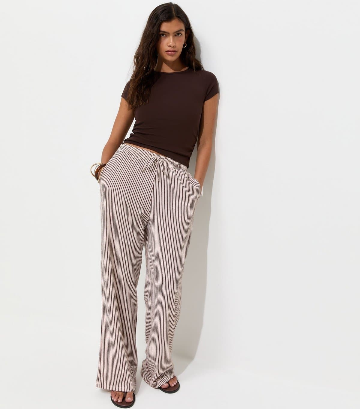 New Look Women's Red Thin Stripe Crinkle Texture Wide Leg Trousers New Look