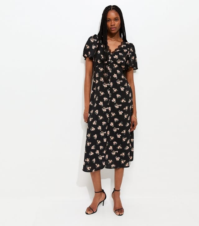 New Look Women's Black Floral Lace V-Neck Button Midi Dress New Look - 2