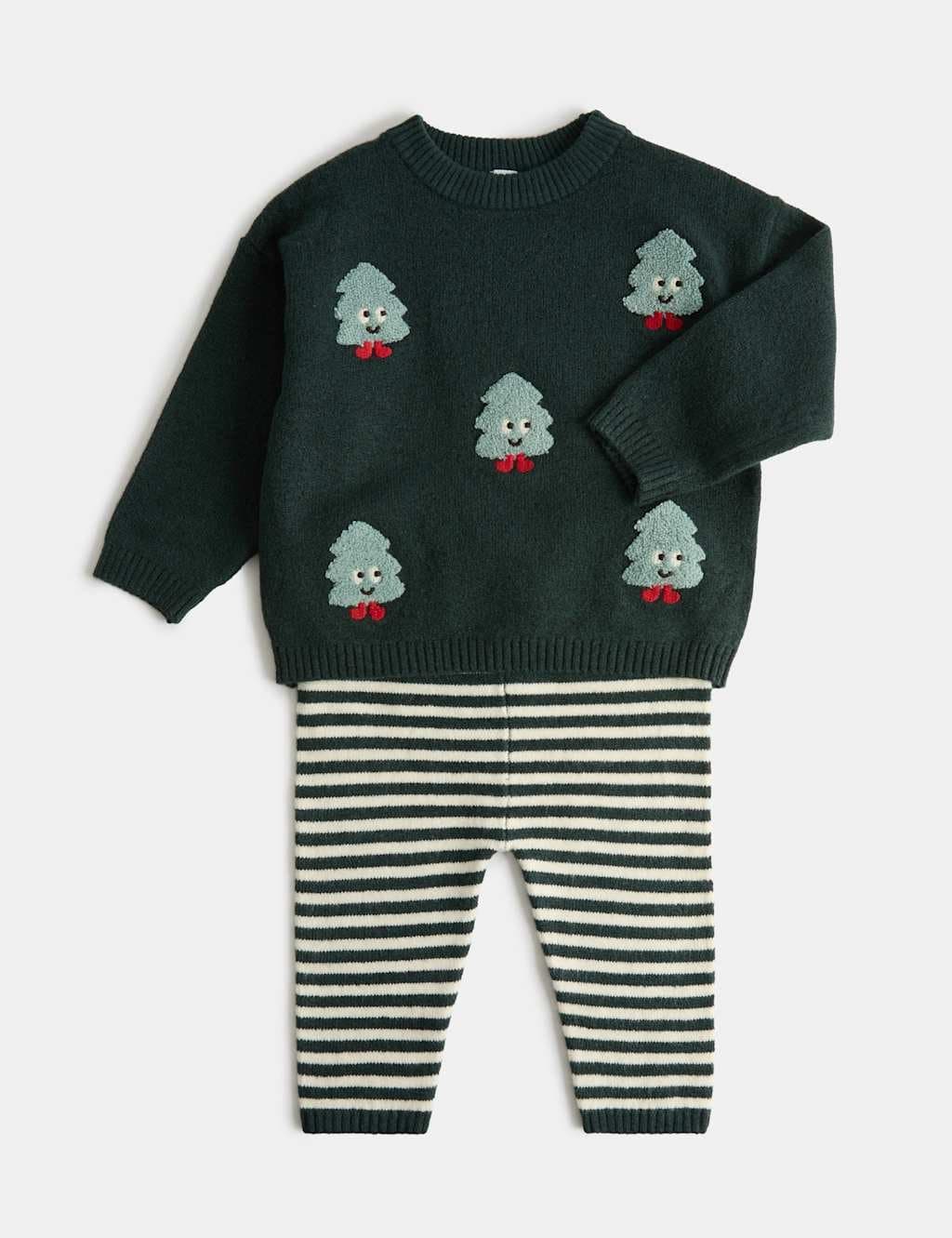 Marks & Spencer M&S Knitted Christmas Top & Bottom Outfit Green