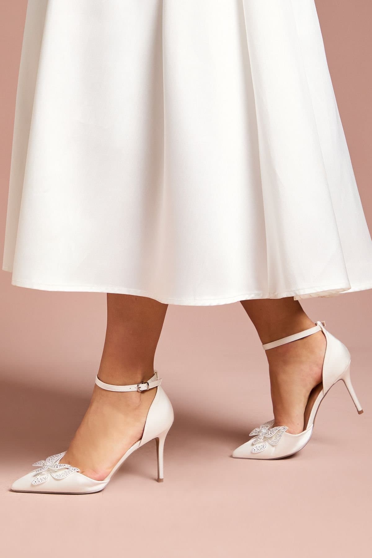 Coast Coast Women's Bridal Poppy Satin Diamante Butterfly Trim Pointed High Stiletto Heel Court Shoes in White