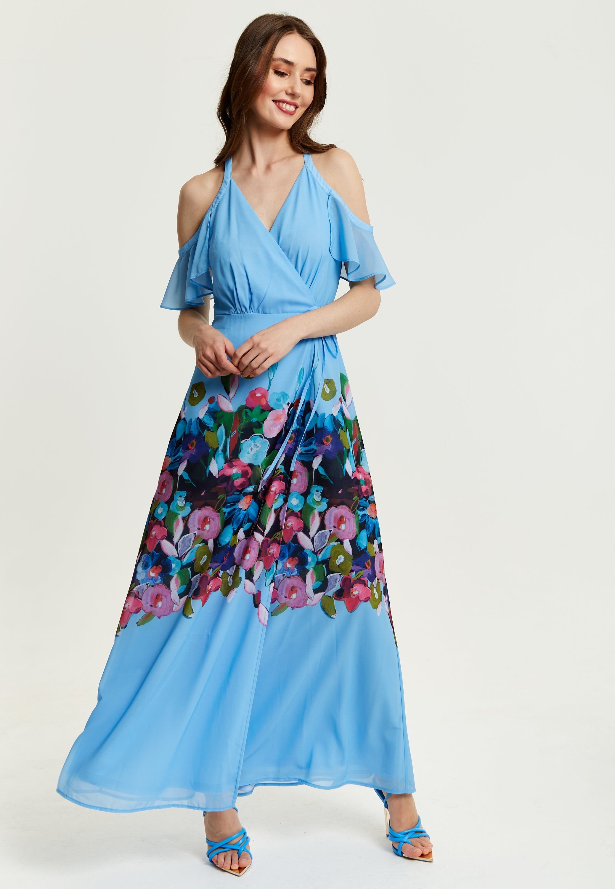 Liquorish Liquorish Women's Floral Print Maxi Wrap Dress With Frill Details in Blue - 2