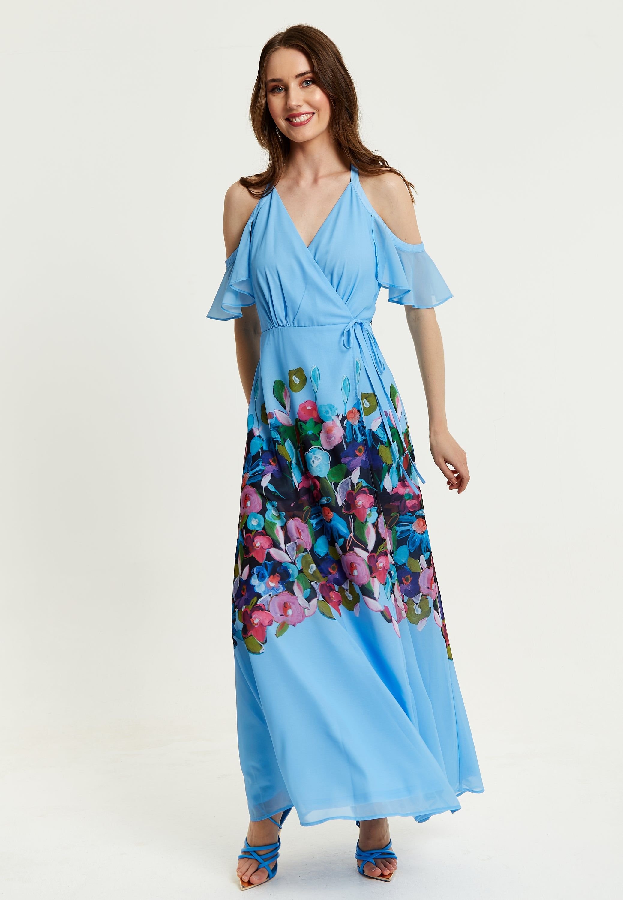 Liquorish Liquorish Women's Floral Print Maxi Wrap Dress With Frill Details in Blue - 3