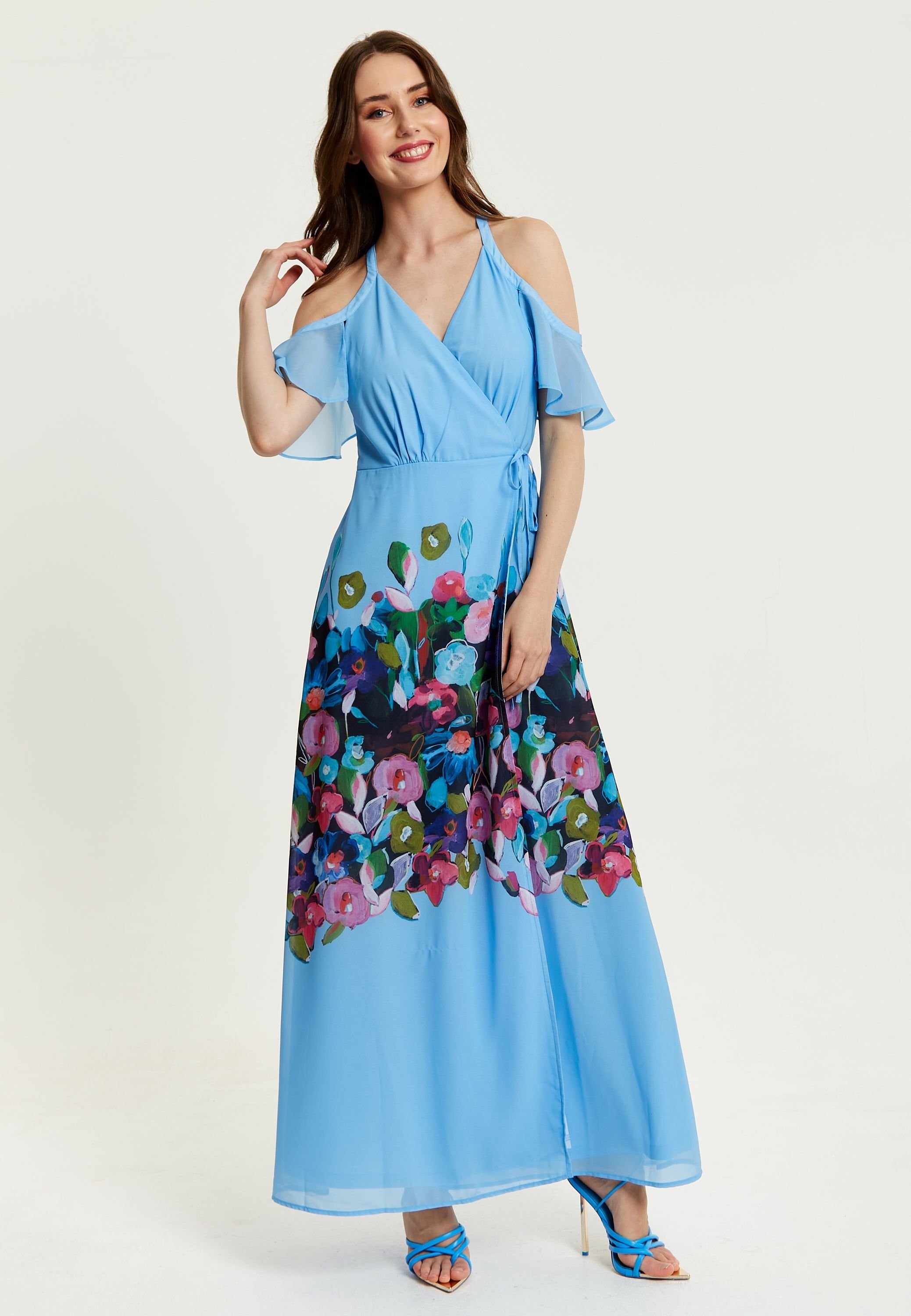 Liquorish Liquorish Women's Floral Print Maxi Wrap Dress With Frill Details in Blue - 4
