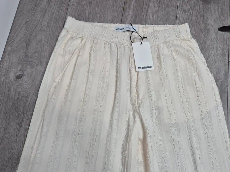 Bershka Bershka Men's Cream Linen Blend Summer Holiday Baggy Fringe Stripe Trousers size XL