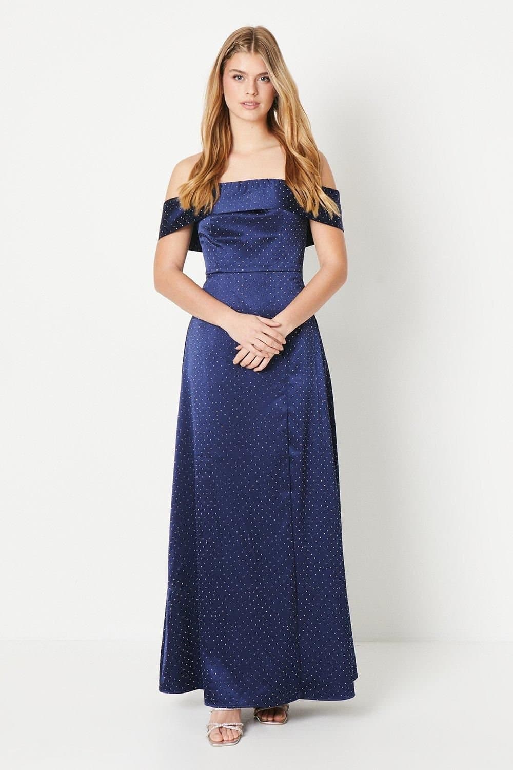 Debut London Debut London Women's by Coast Bardot Satin Diamante Prom Dress in Navy