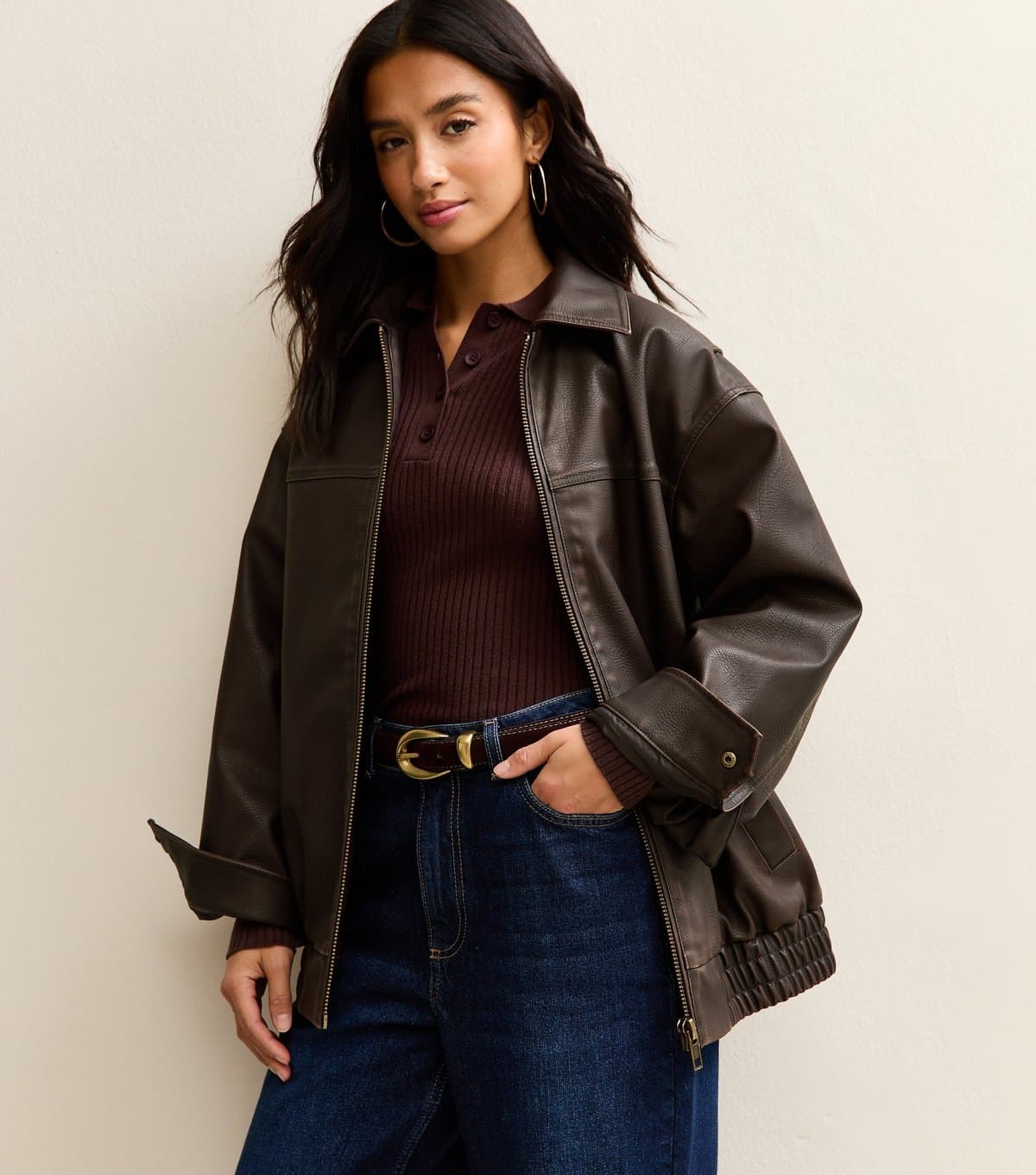 New Look Women's Petite Oversized Washed Faux Leather Jacket New Look