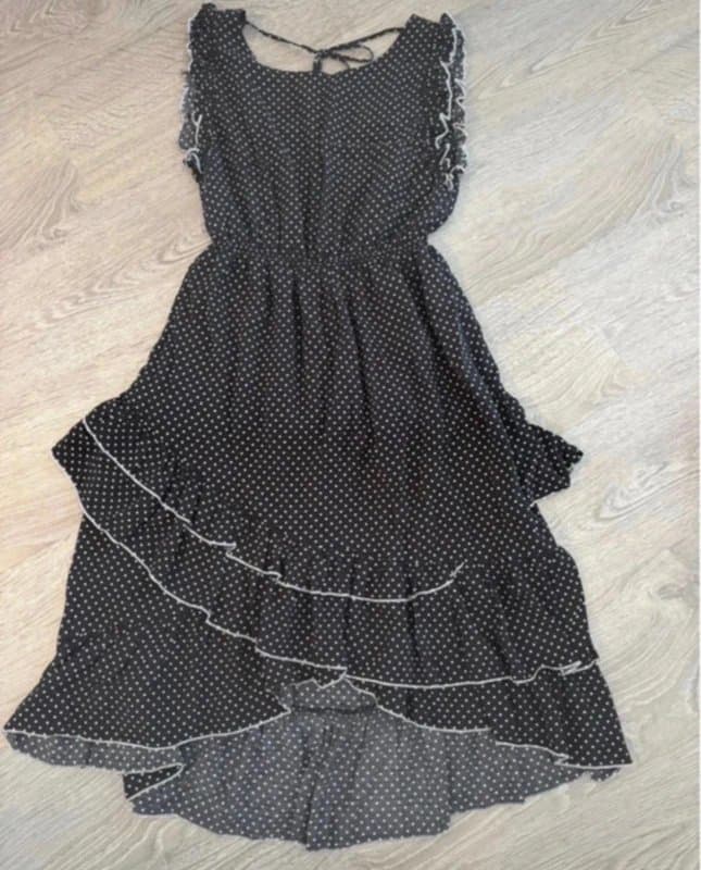 Koton Koton Black Polka Dot Ruffle Midi Dress UK 12 Chiffon Layered Hem Tea Dress