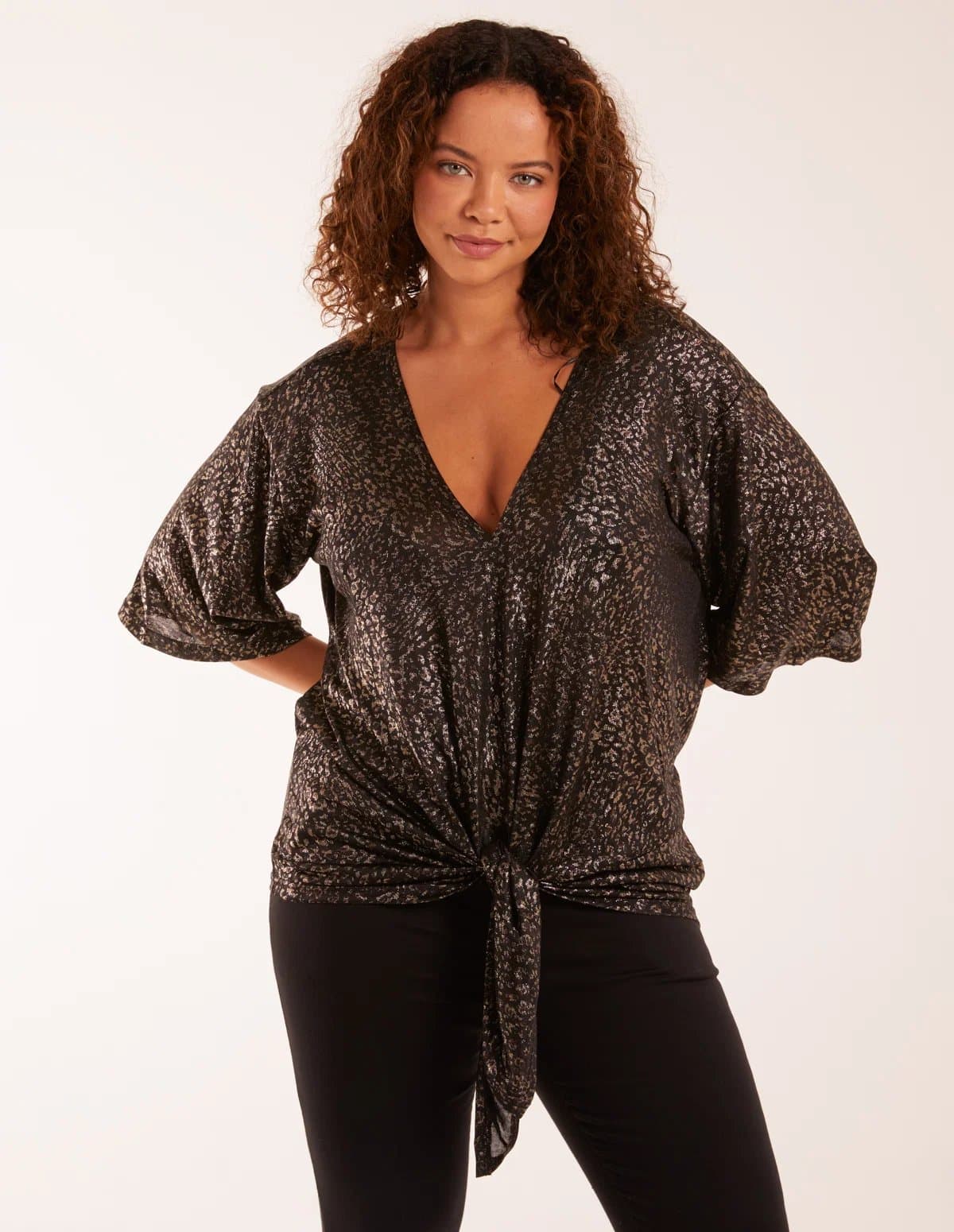 Blue Vanilla Leopard V Neck Tie Front Top