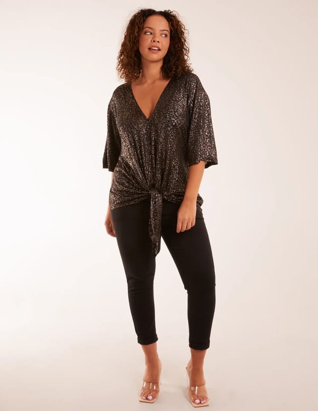 Blue Vanilla Leopard V Neck Tie Front Top - 2
