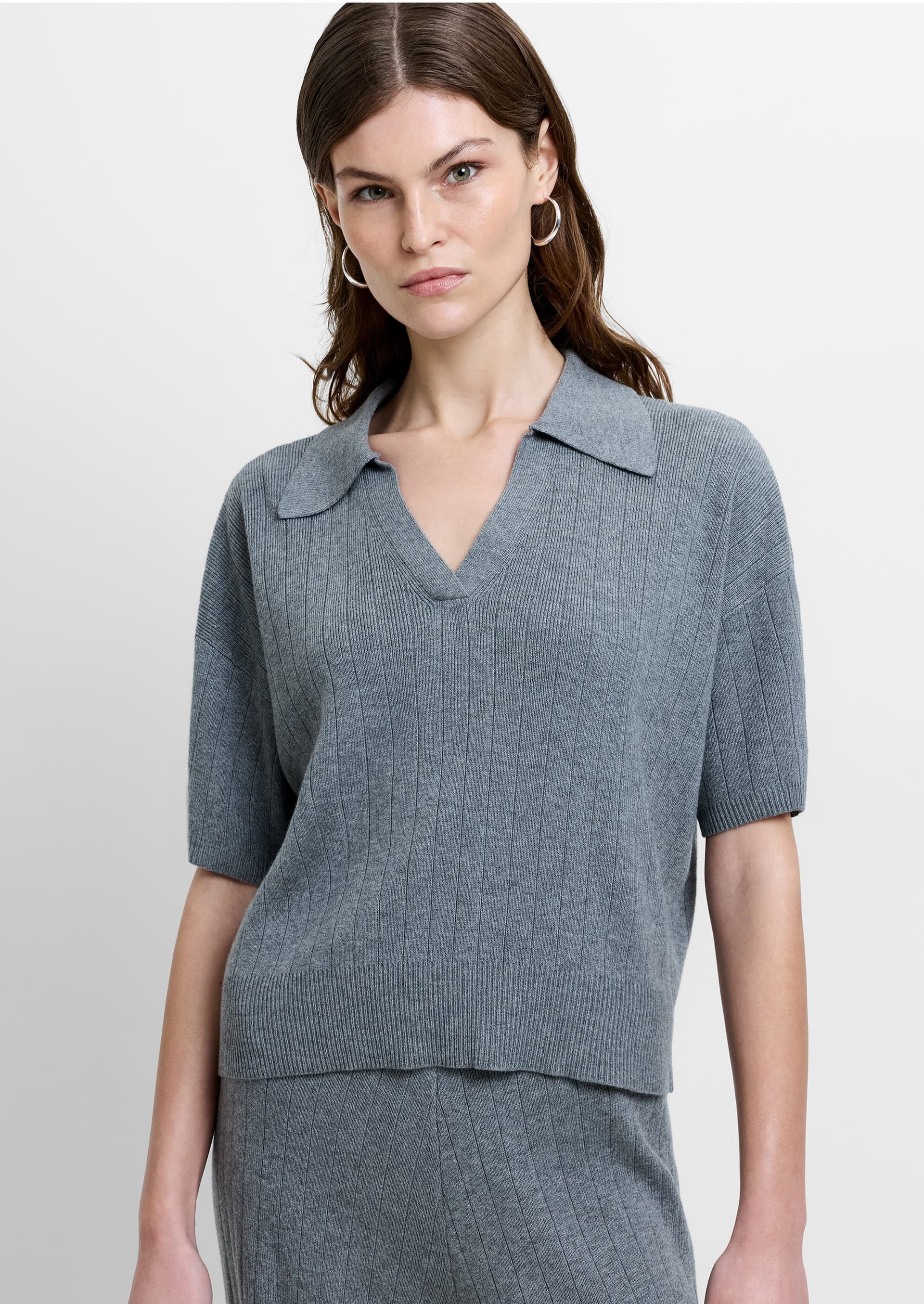 French Connection Javier Knit V-Neck Collared Top Medium Heather Grey